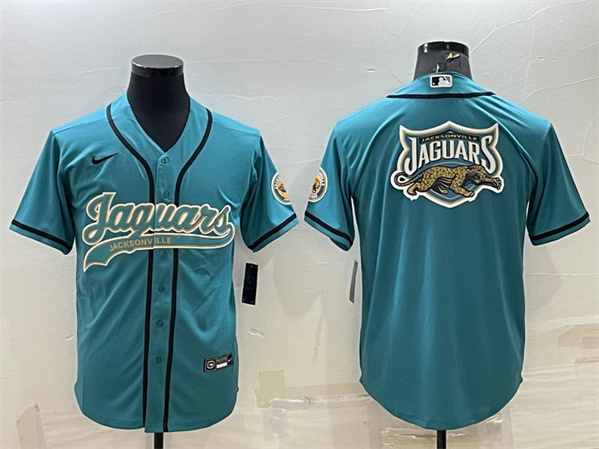Men's Jacksonville Jaguars Teal Team Big Logo With Patch Cool Base Stitched Baseball Jersey